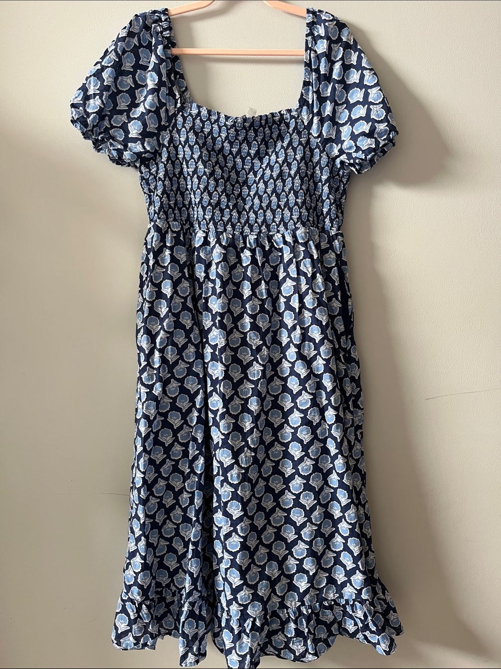 J Crew Smocked Midi Dress Puff Sleeve Navy Blue white Floral Print Square Neck